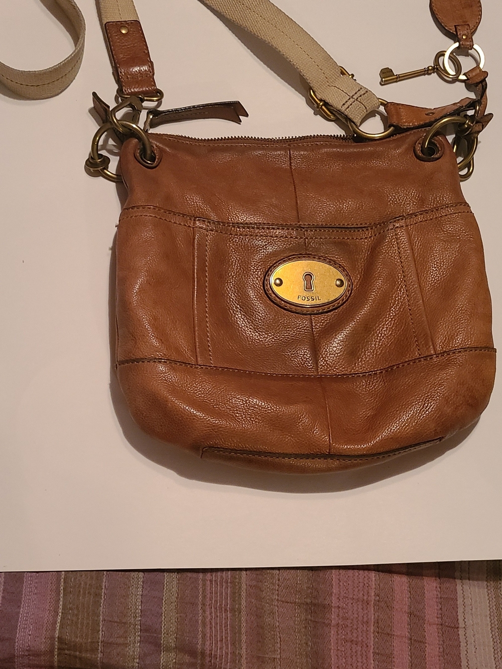 Fossil Tan Leather Crossbody Bag with Canvas Strap